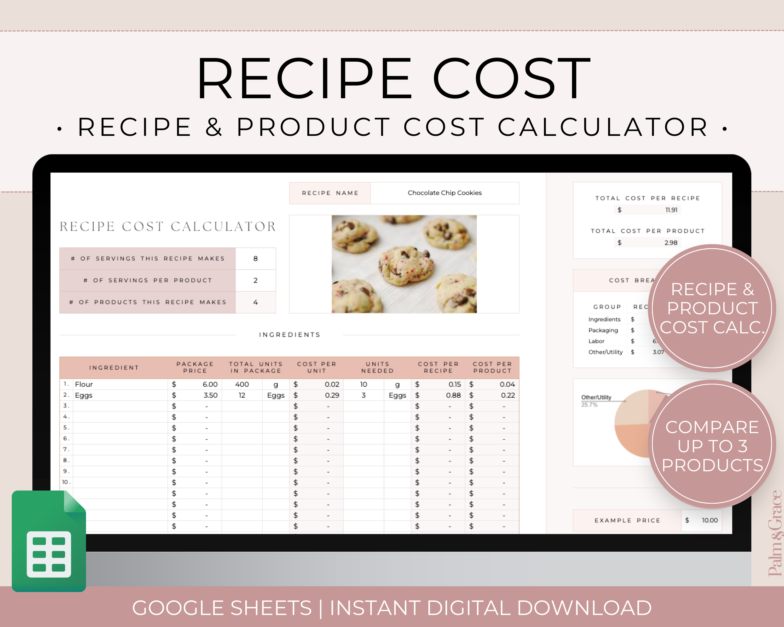 Recipe cost calculator spreadsheet for Google Sheets