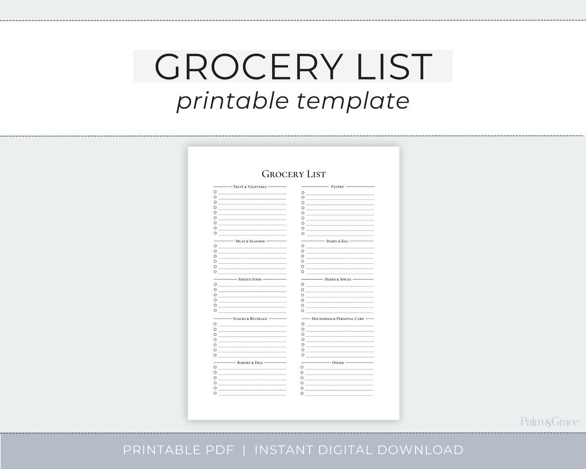 A printable grocery list template shown on a light gray background, with the title &