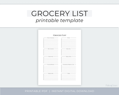 A printable grocery list template shown on a light gray background, with the title &