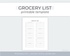 A printable grocery list template shown on a light gray background, with the title &