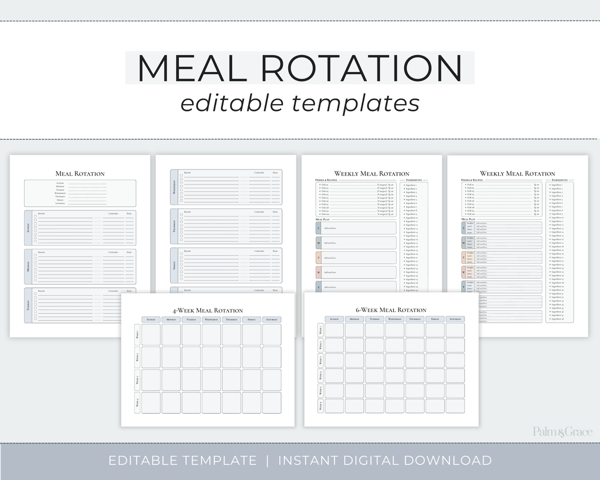 Digital template preview for a meal rotation editable system, showing multiple page layouts including weekly and daily rotation tables on a light gray background.
