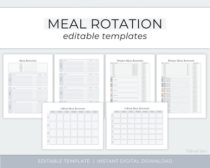 Digital template preview for a meal rotation editable system, showing multiple page layouts including weekly and daily rotation tables on a light gray background.