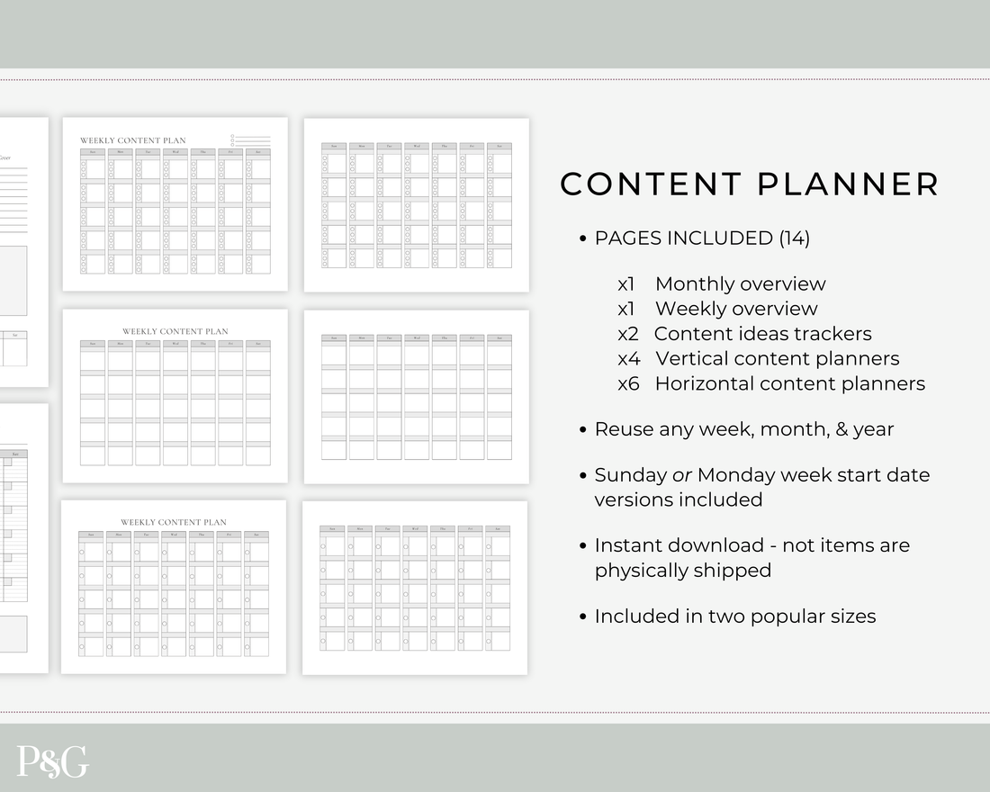 Digital content calendar template for Google Sheets shown on a laptop screen mockup, with text reading &