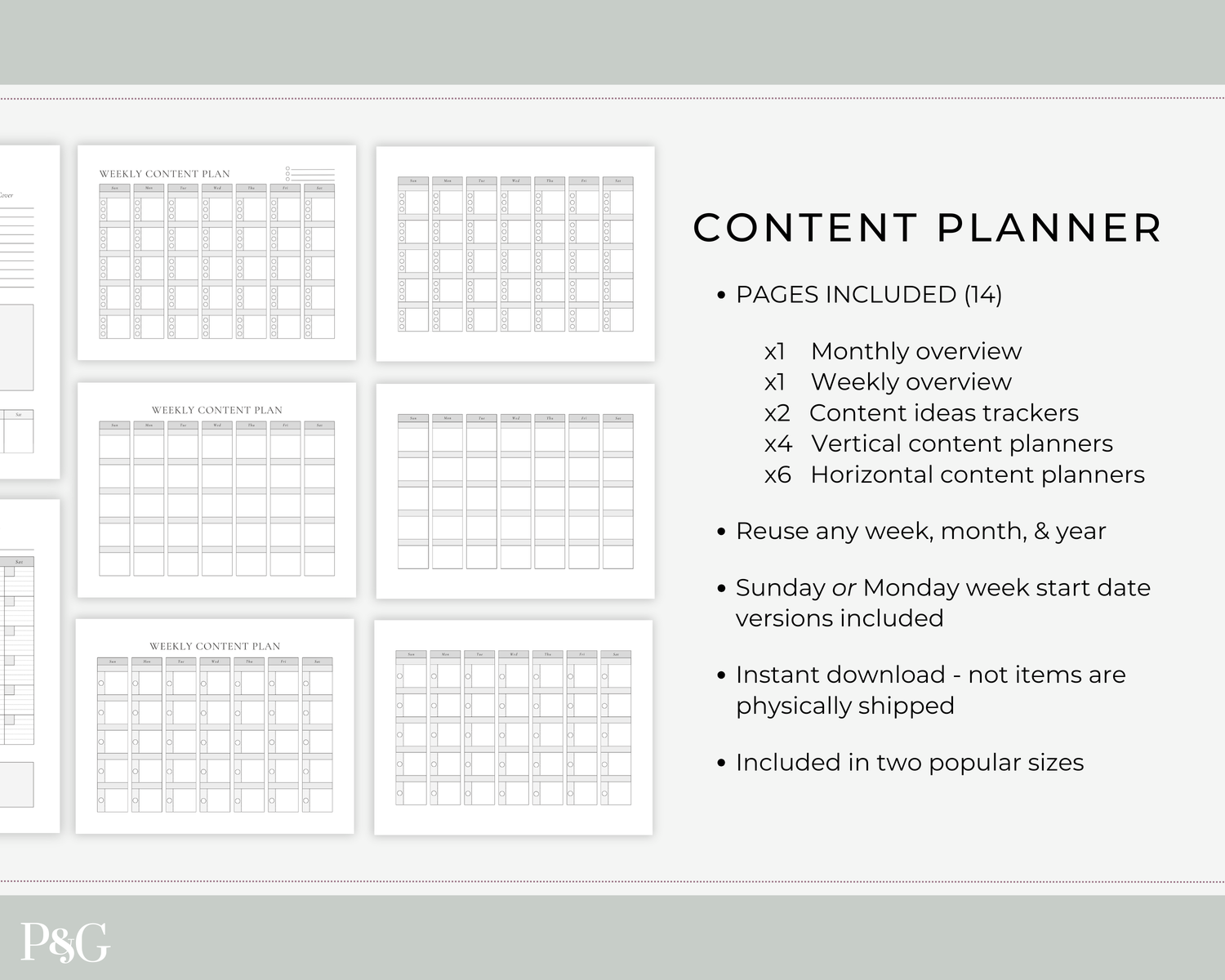 Digital content calendar template for Google Sheets shown on a laptop screen mockup, with text reading &