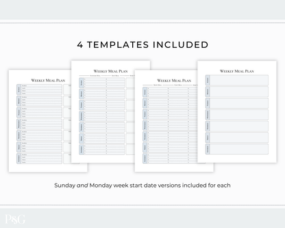 Four weekly meal plan templates displayed on a light gray background with the text &