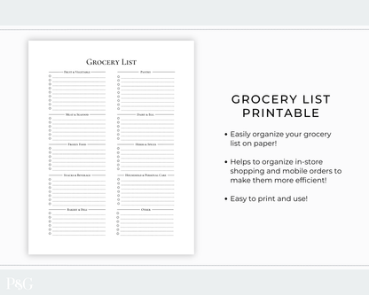 A grocery list printable template shown on a light gray background with descriptive text. The template has multiple sections for shopping items such as produce, dairy, meat, bakery, and household supplies.