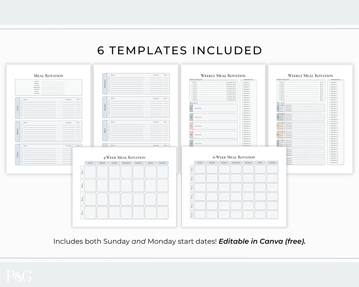 A promotional graphic showing six printable meal rotation templates arranged on a light gray background, with the headline &