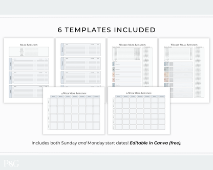 A promotional graphic showing six printable meal rotation templates arranged on a light gray background, with the headline &
