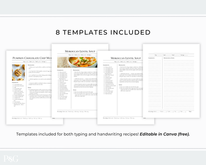 A promotional graphic showing five recipe template pages fanned out under the heading &