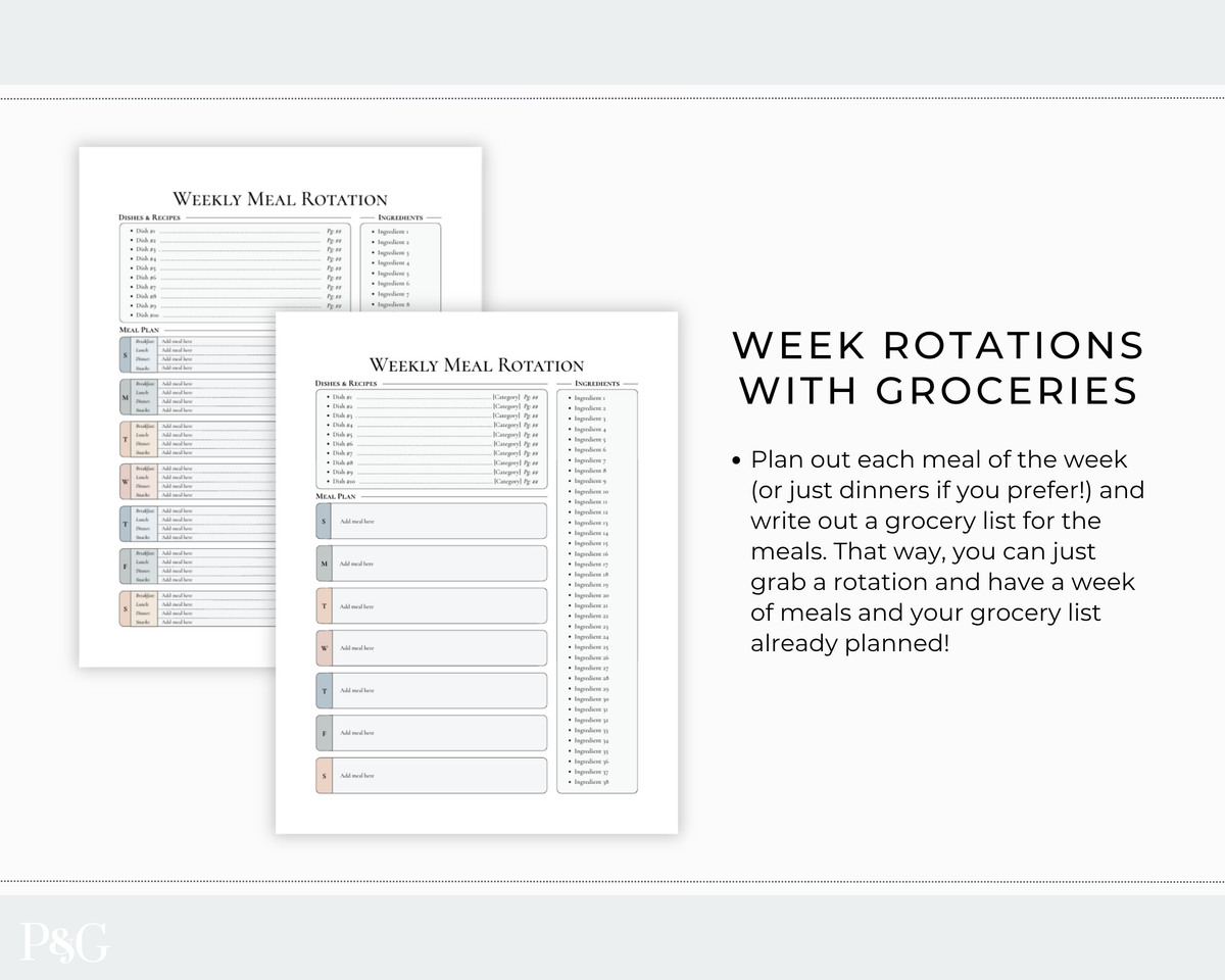 Printable weekly meal rotation planner pages shown on a light gray background with descriptive text reading &