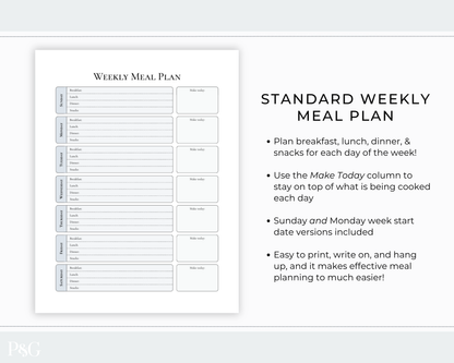 A printable weekly meal plan template shown on a light gray background with descriptive text. The planner page has columns for days of the week and a Make Today column, with black and gray text on the right explaining the standard layout.