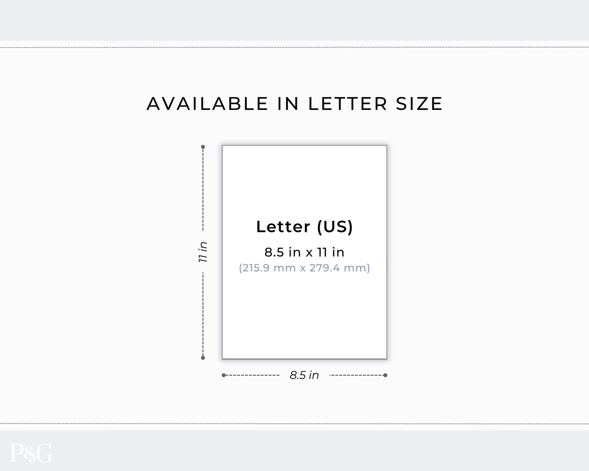 A size diagram showing a letter-size photo frame or print area labeled 8.5 in x 11 in, with text reading &