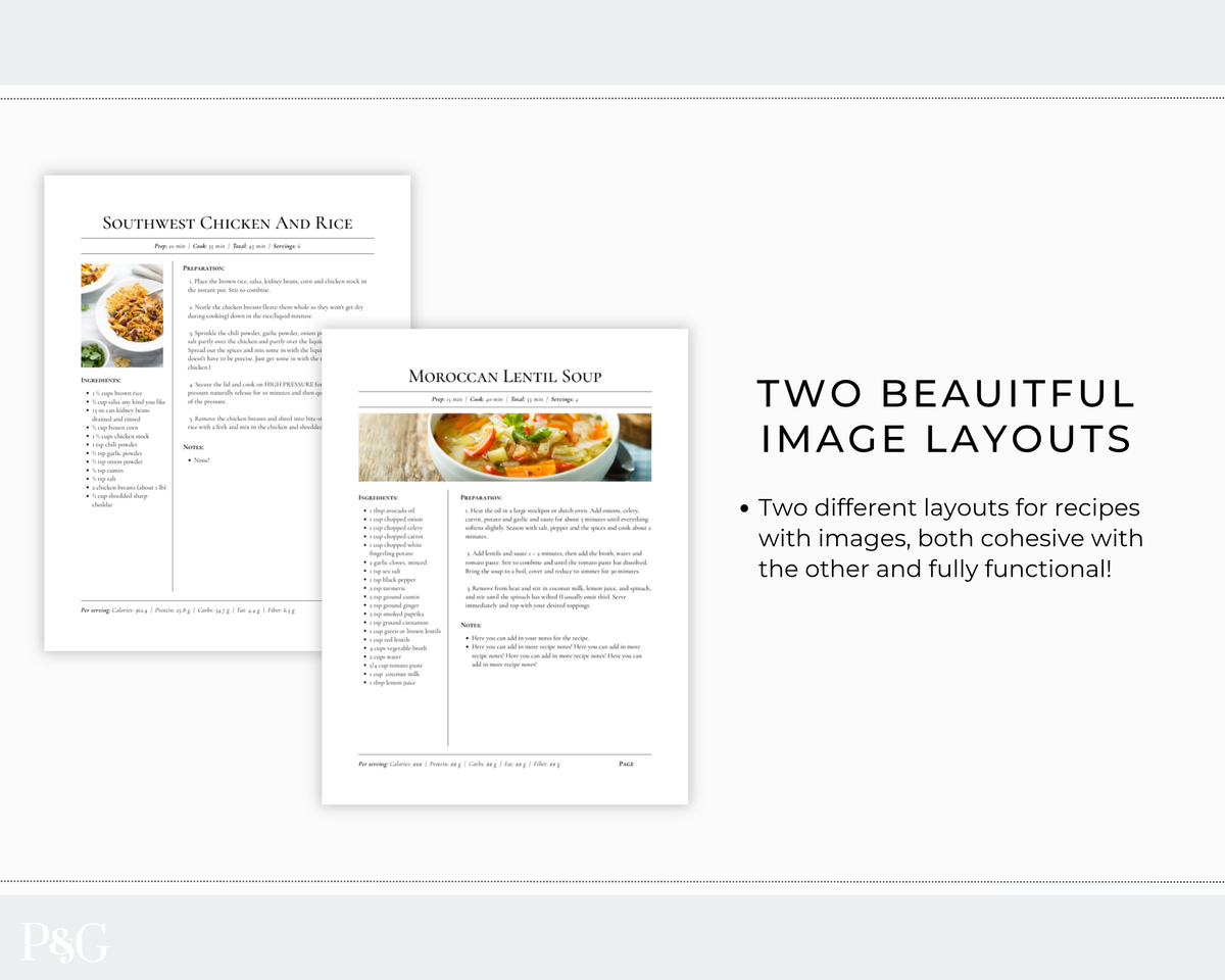 A promotional graphic showing two recipe page layouts on a light gray background. The left side displays two overlapping white recipe sheets titled &
