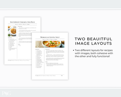 A promotional graphic showing two recipe page layouts on a light gray background. The left side displays two overlapping white recipe sheets titled &