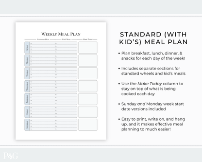 A printable weekly meal plan sheet shown on a light gray background, with text describing a standard version for kids. The page includes columns for household meal, kid&