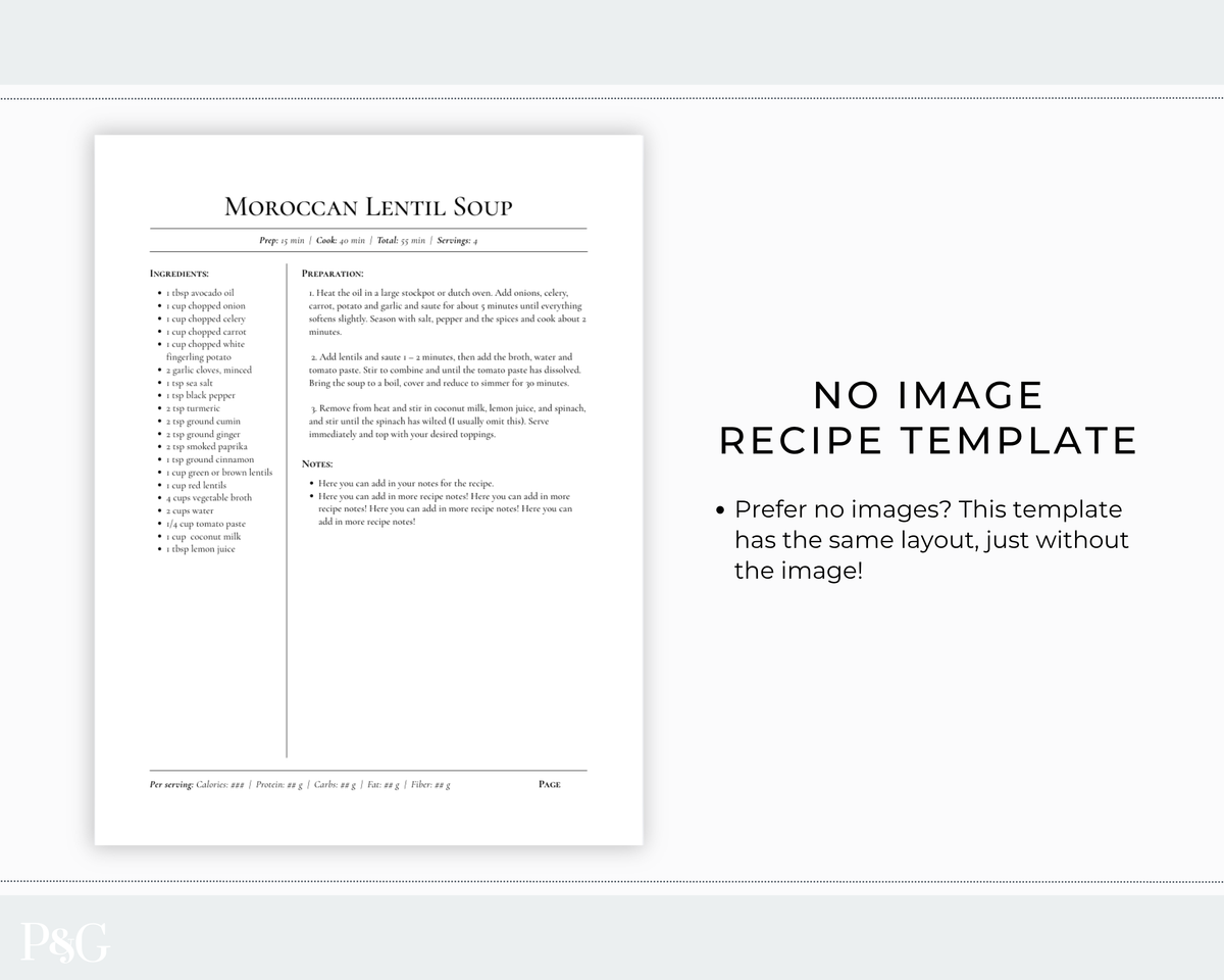 A recipe template sheet titled &