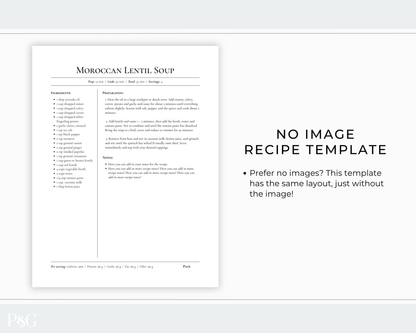 A recipe template sheet titled &