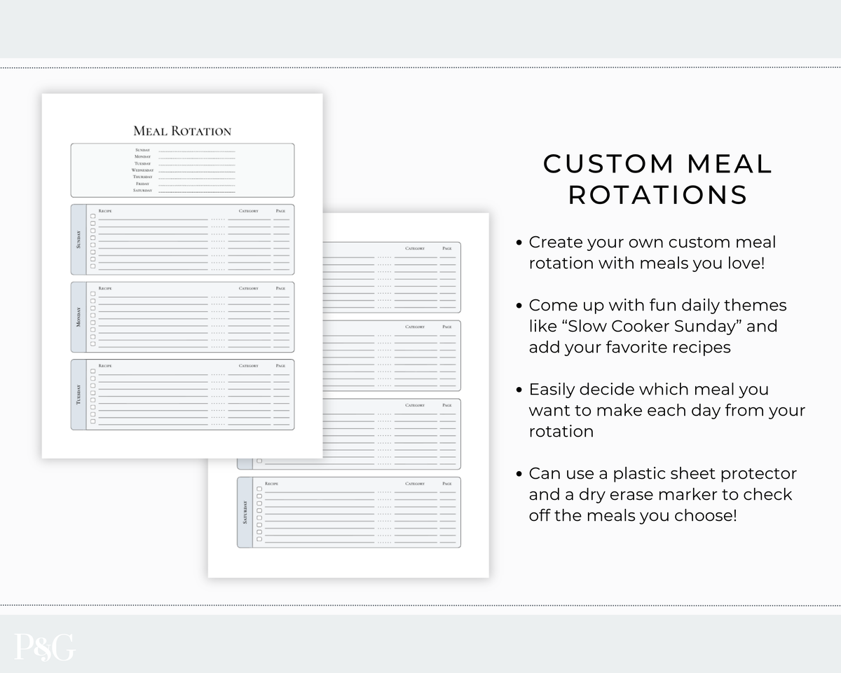 Custom meal rotation printable template pages shown on a light gray background with descriptive text on the right. The pages feature labeled sections for meal planning and checkboxes for daily meals, with a small &