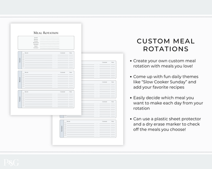 Custom meal rotation printable template pages shown on a light gray background with descriptive text on the right. The pages feature labeled sections for meal planning and checkboxes for daily meals, with a small &