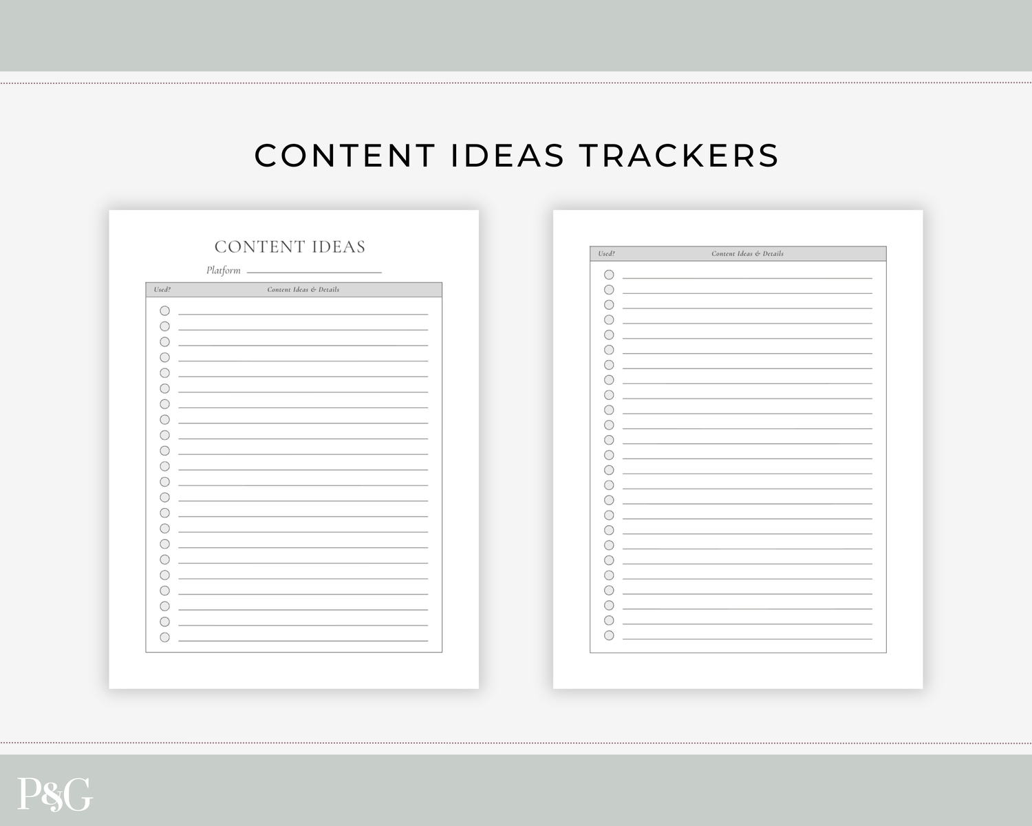 Two printable content ideas tracker sheets shown on a light gray background, with the title &