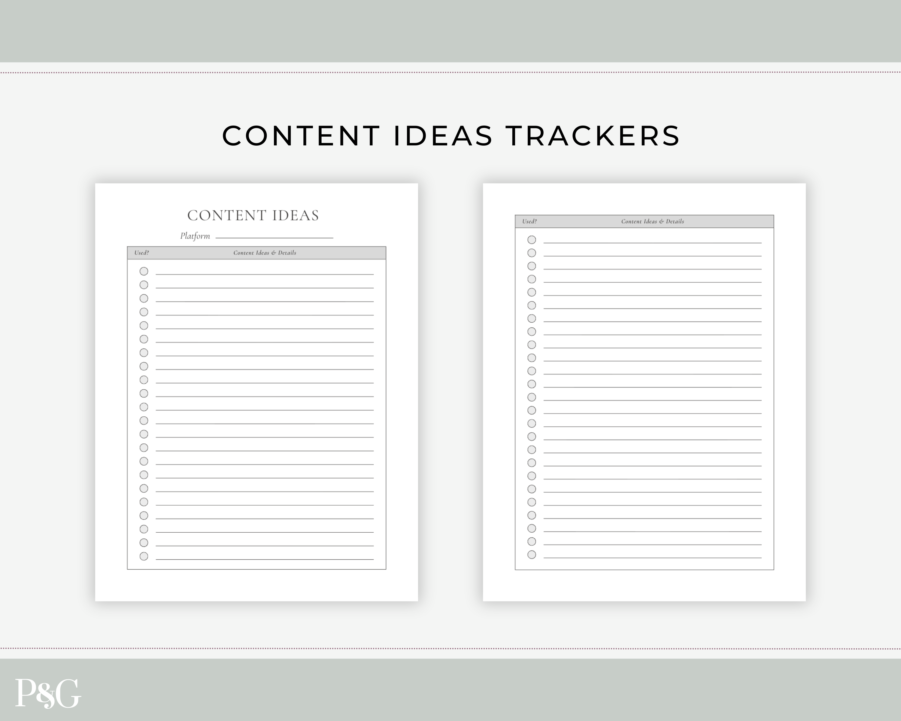 Two printable content ideas tracker sheets shown on a light gray background, with the title &