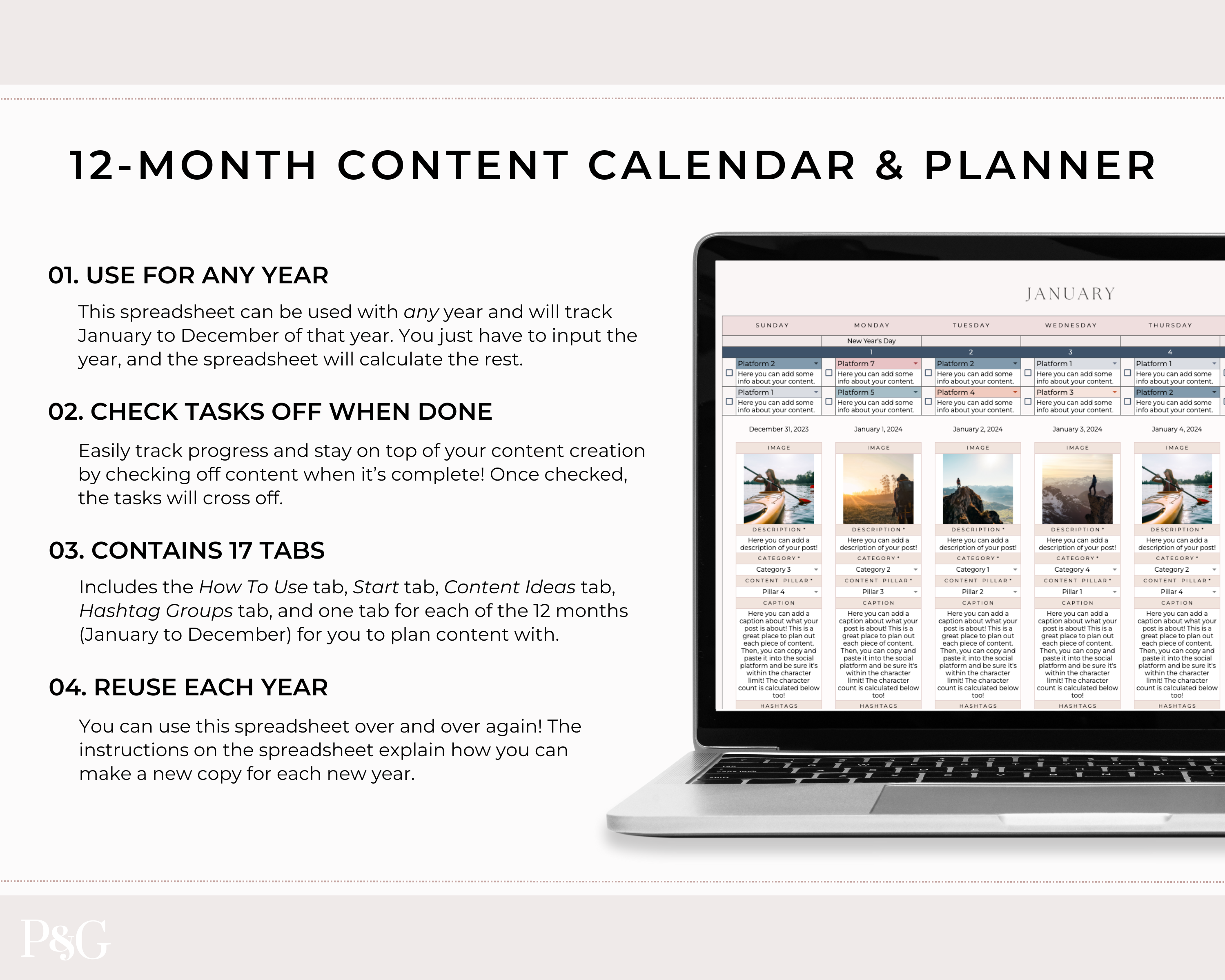 NEW DESIGN: Social Media Content Calendar Spreadsheet for Google Sheets