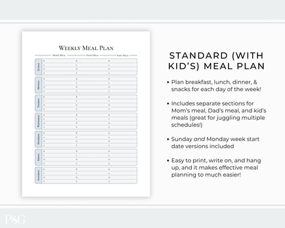 A weekly meal planner page shown next to descriptive text on a light gray background. The planner is labeled &