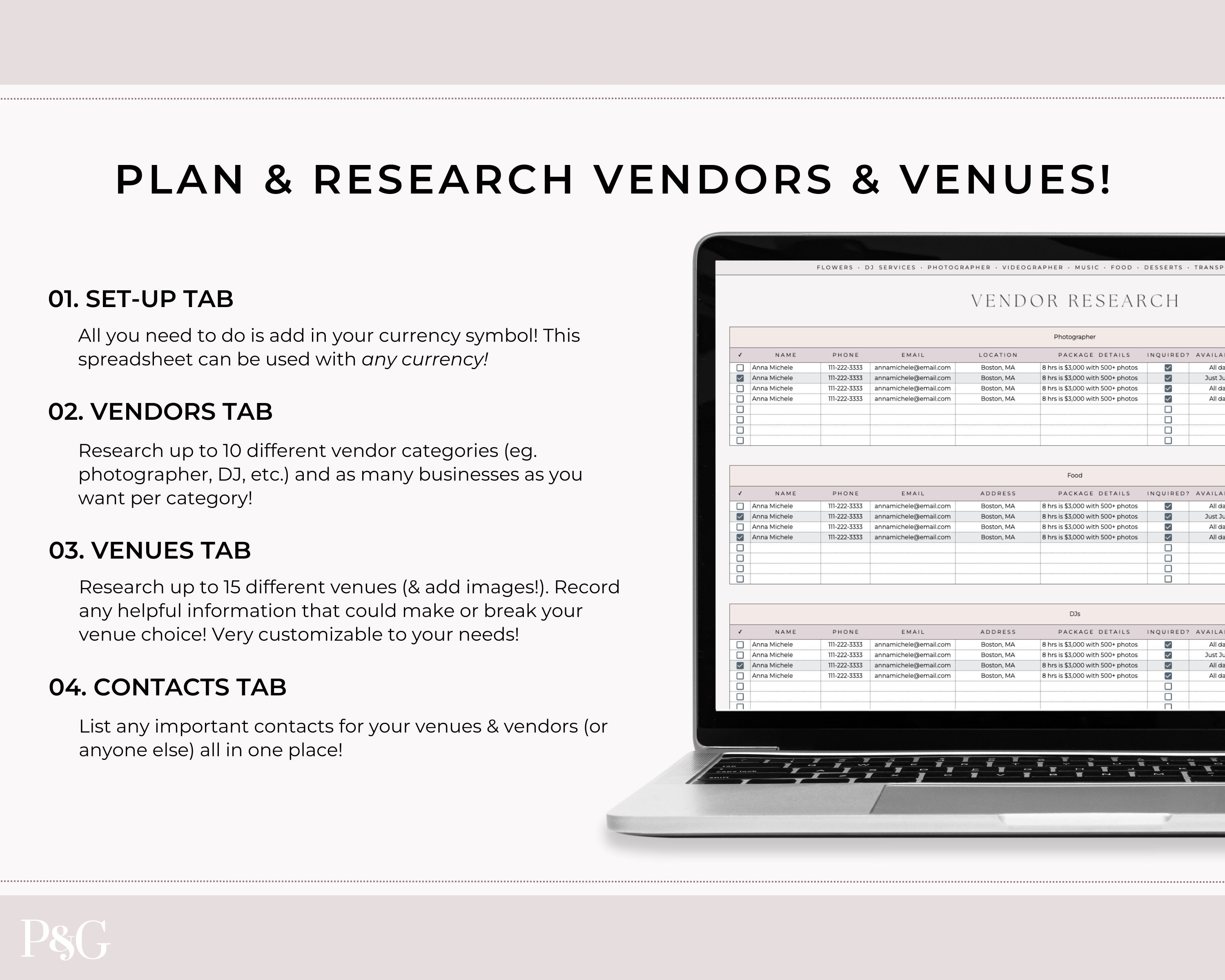 Wedding Venue and Vendor Comparison Spreadsheet for Google Sheets