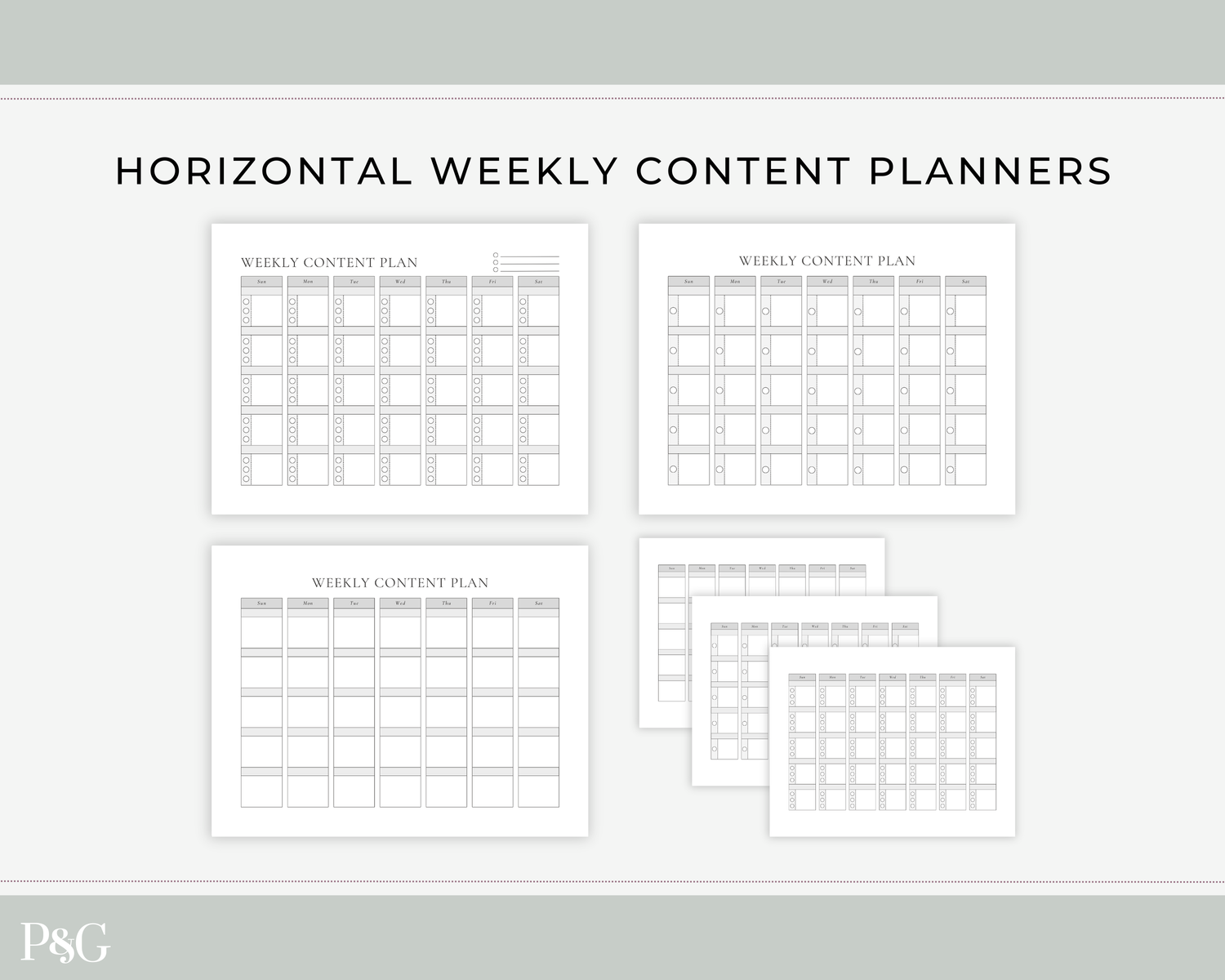 Horizontal weekly content planner templates shown on a light gray background, with four white planner sheets arranged in a grid and a small &