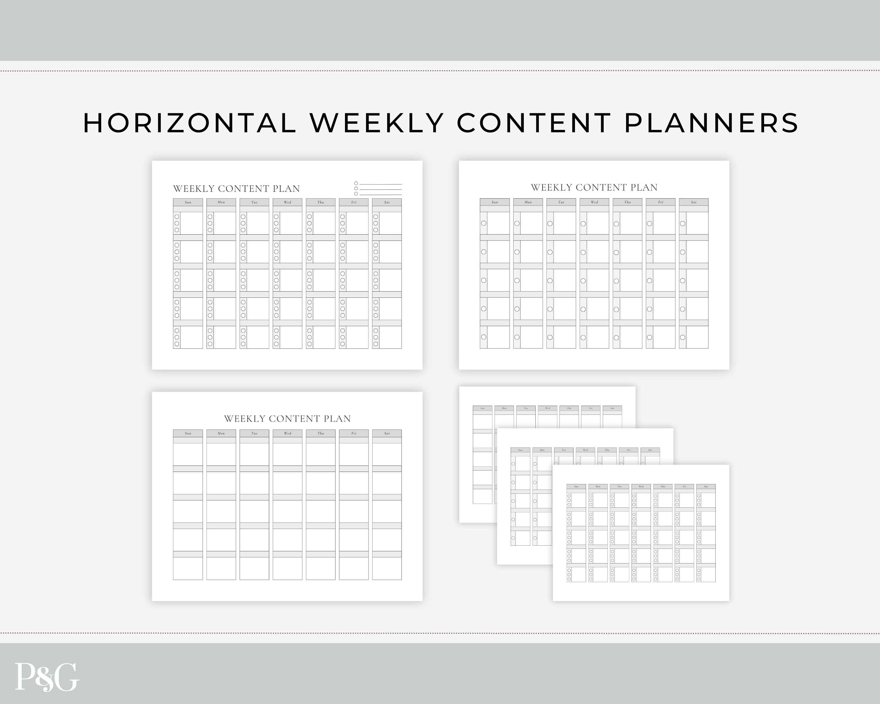 Horizontal weekly content planner templates shown on a light gray background, with four white planner sheets arranged in a grid and a small &