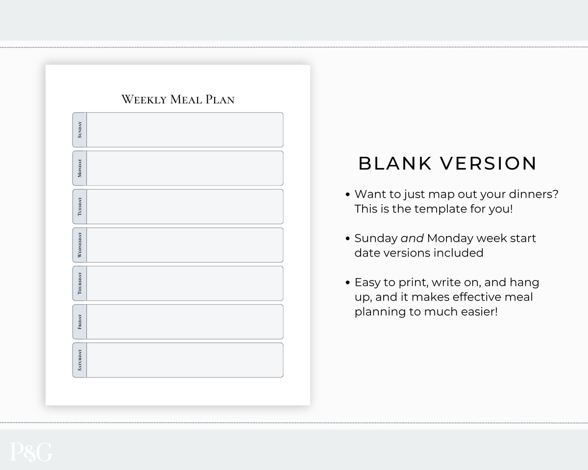A weekly meal plan template shown on a light gray background, with a blank white sheet labeled &