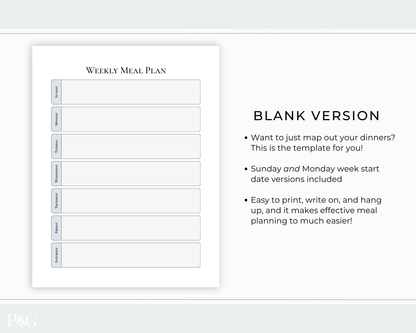 A weekly meal plan template shown on a light gray background, with a blank white sheet labeled &