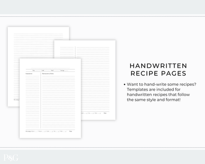 Three white handwritten recipe page templates are shown overlapping on a light gray background, with text reading &