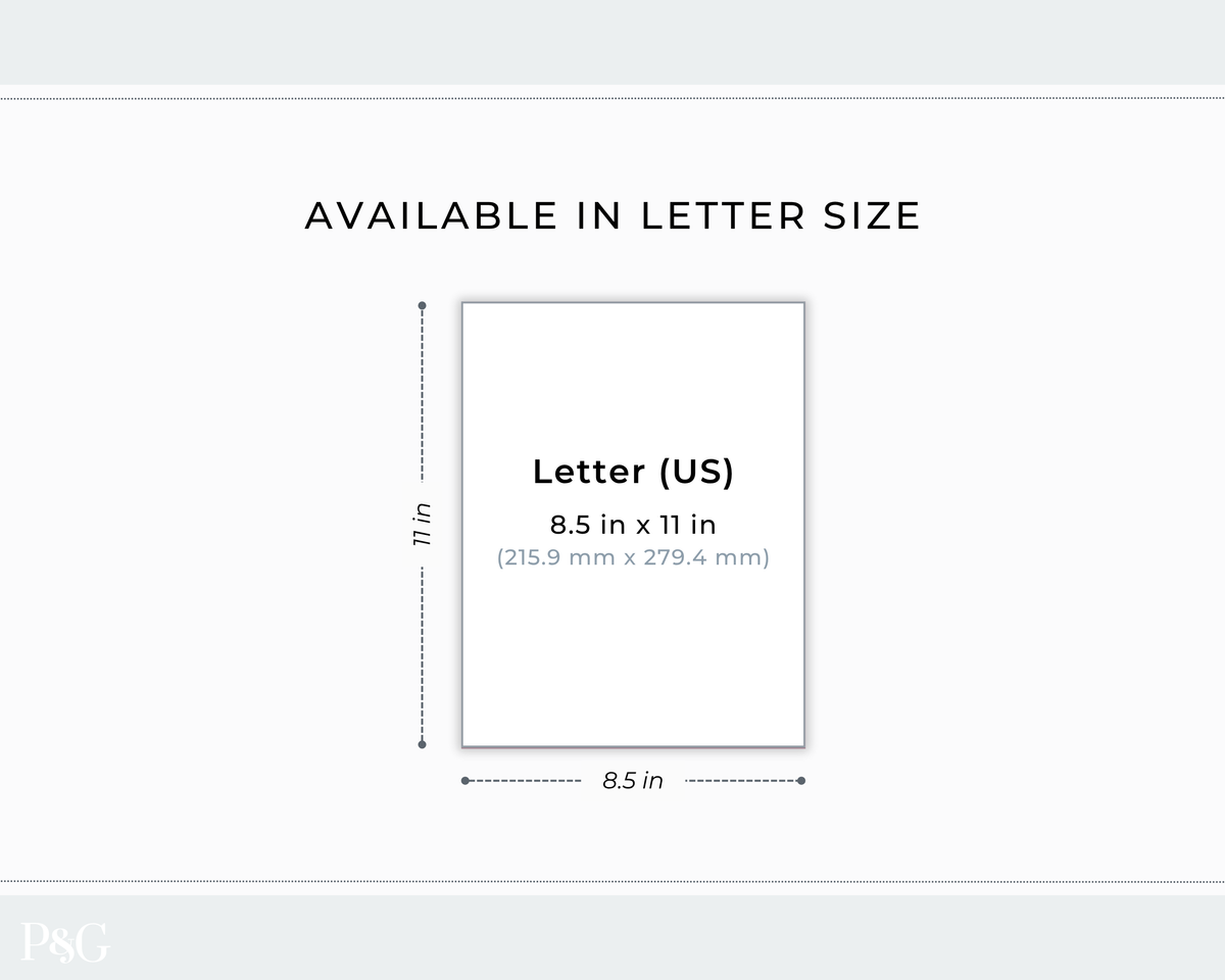 A size diagram showing a letter-size photo frame or print area labeled 8.5 in x 11 in, with text reading &