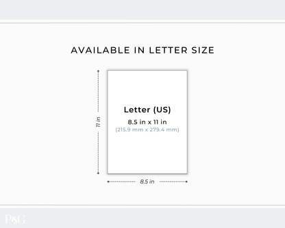 A size diagram showing a letter-size photo frame or print area labeled 8.5 in x 11 in, with text reading &