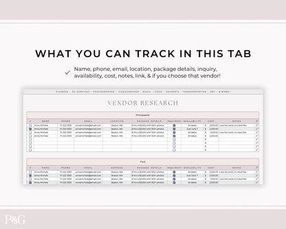 Wedding Venue and Vendor Comparison Spreadsheet for Google Sheets