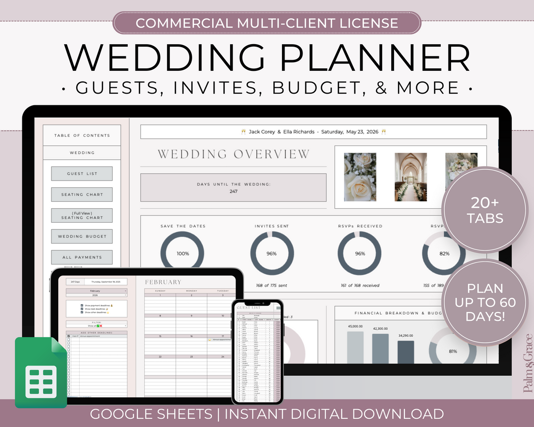 Wedding Planner Spreadsheet Template For Google Sheets (Commercial Multi-Client License)