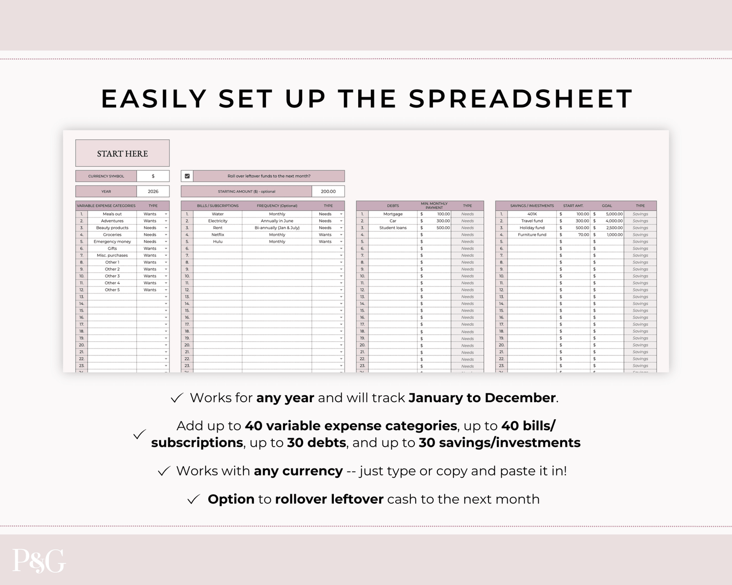Annual Budget Spreadsheet Template For Google Sheets - Palm &amp; Grace