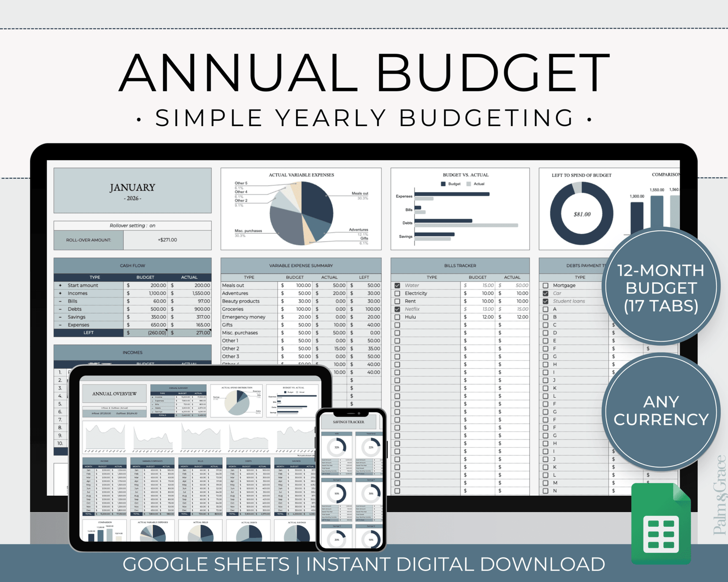 Annual Budget Spreadsheet Template For Google Sheets - Palm &amp; Grace
