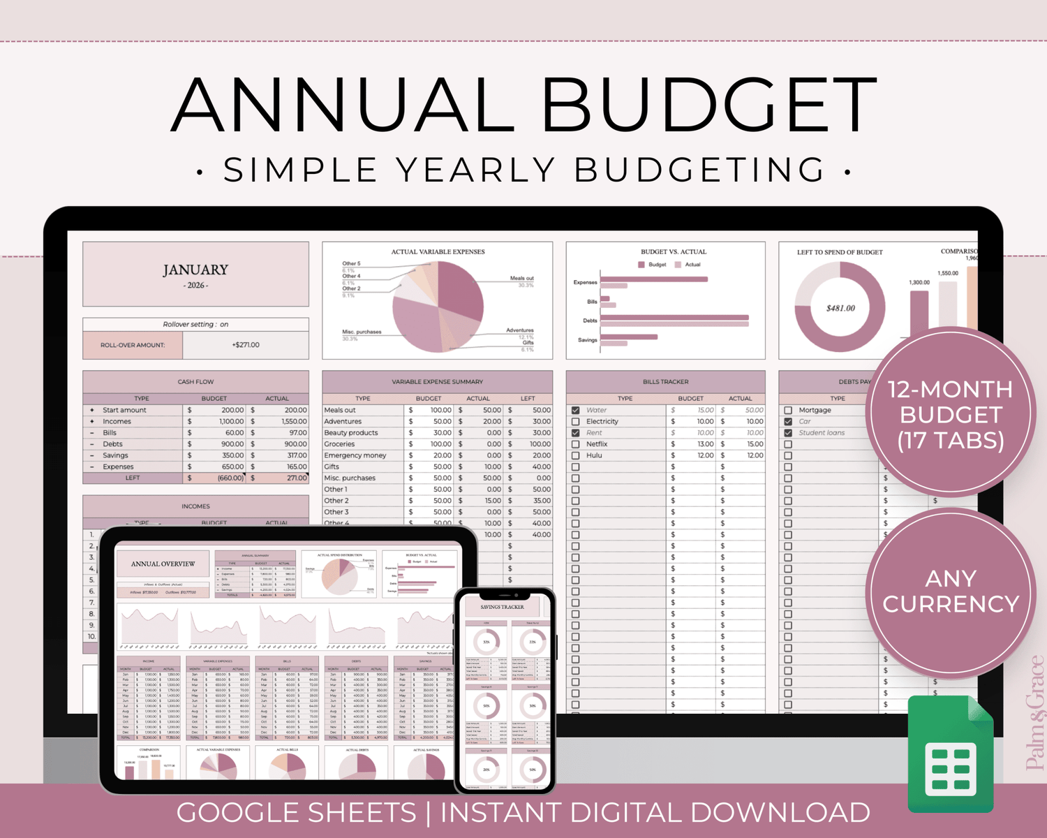 Annual Budget Spreadsheet Template For Google Sheets - Palm &amp; Grace