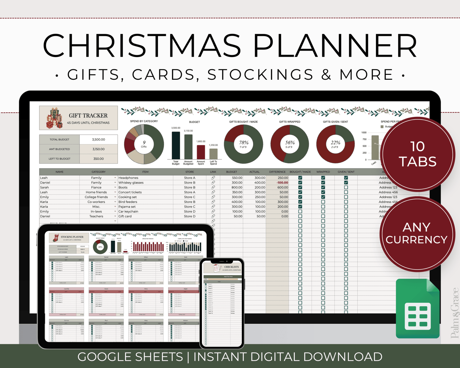 Christmas Planner Spreadsheet Template for Google Sheets - Palm &amp; Grace