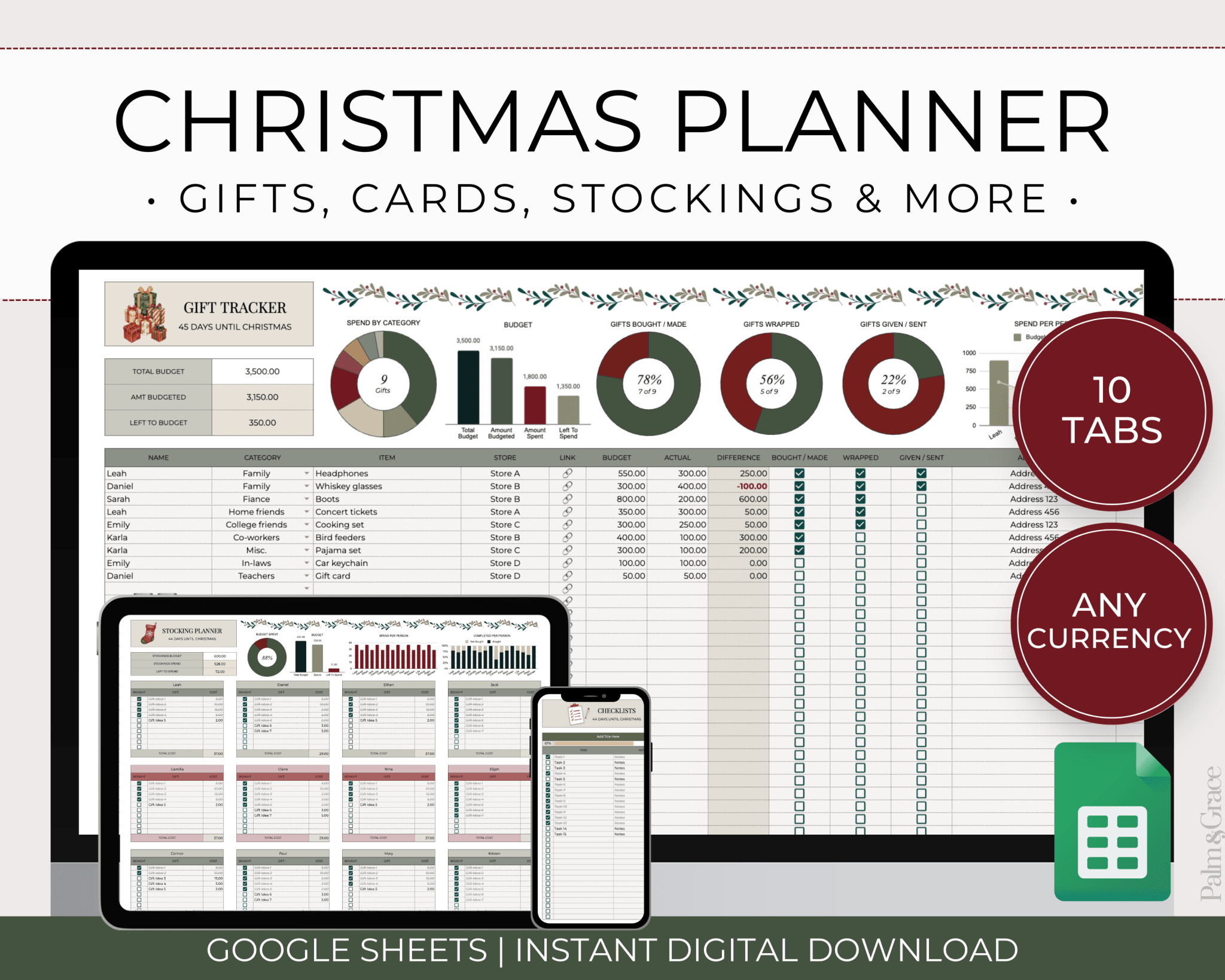 Christmas Planner Spreadsheet Template for Google Sheets - Palm &amp; Grace