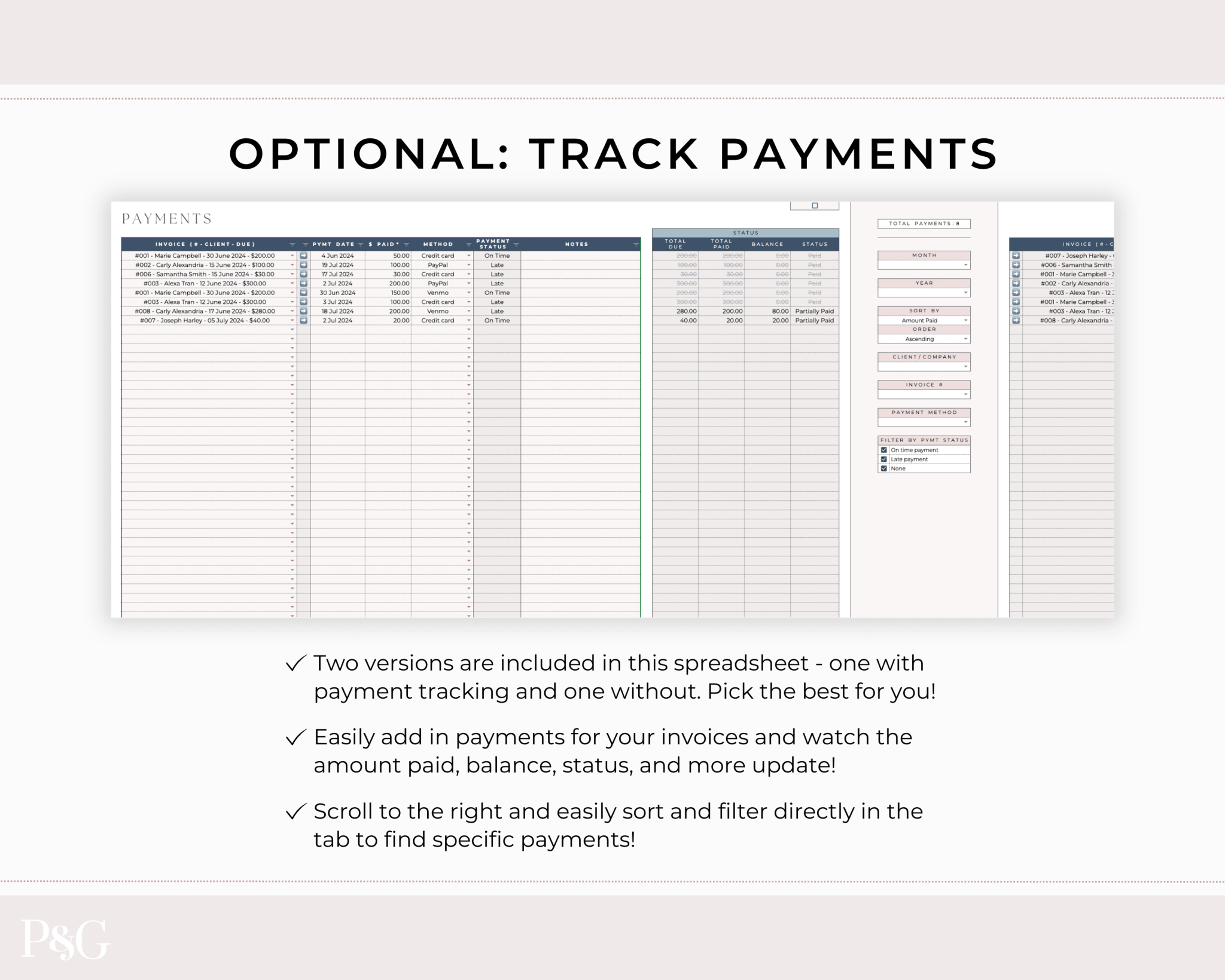 Client Tracker Spreadsheet Template for Google Sheets - Palm &amp; Grace