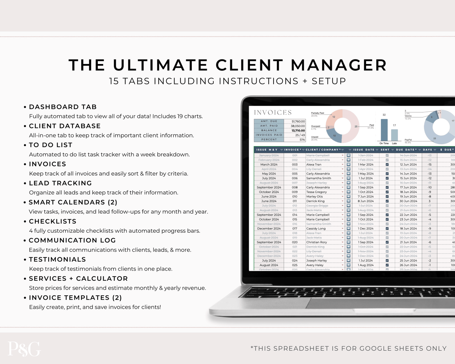 Client Tracker Spreadsheet Template for Google Sheets - Palm &amp; Grace
