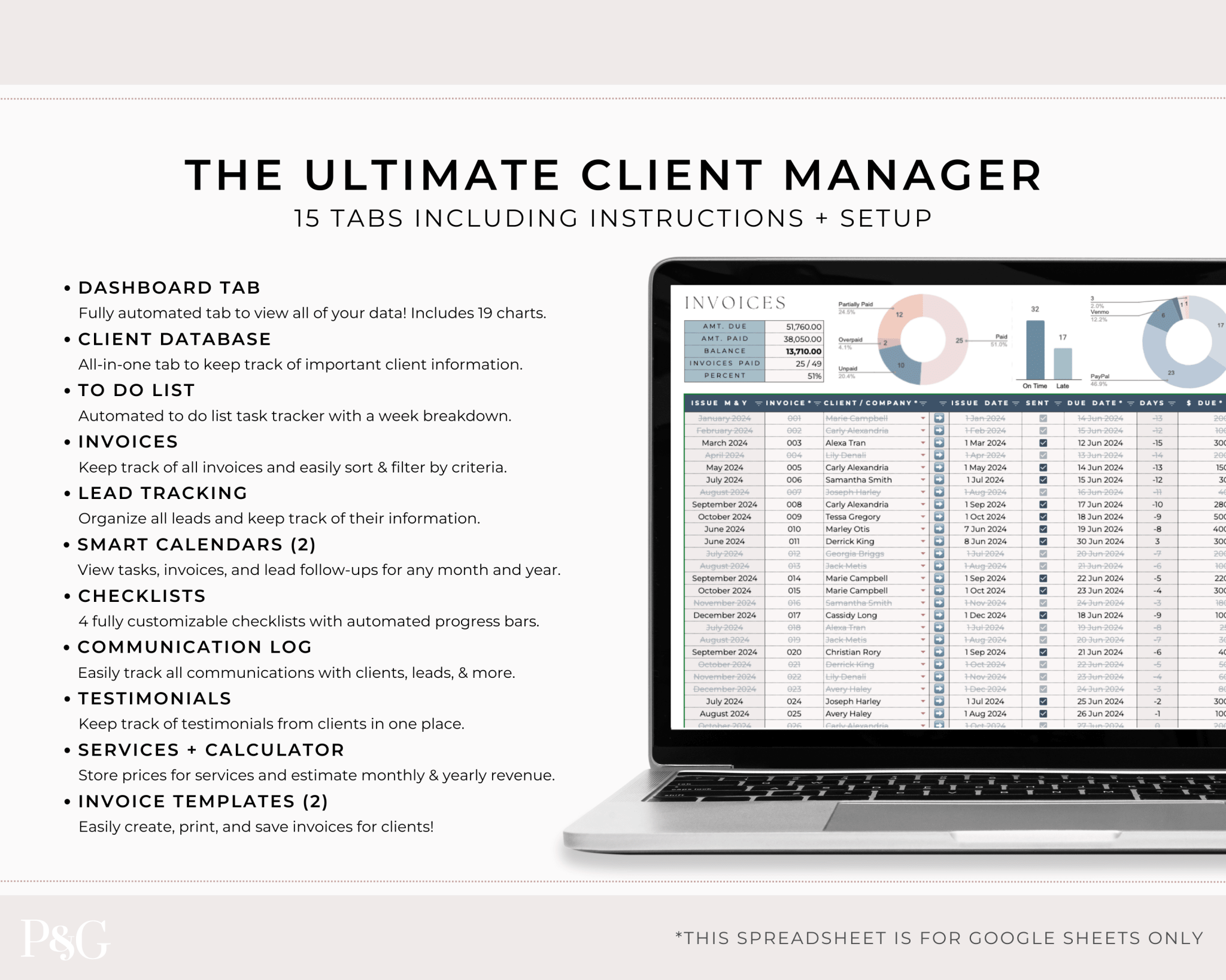 Client Tracker Spreadsheet Template for Google Sheets - Palm &amp; Grace