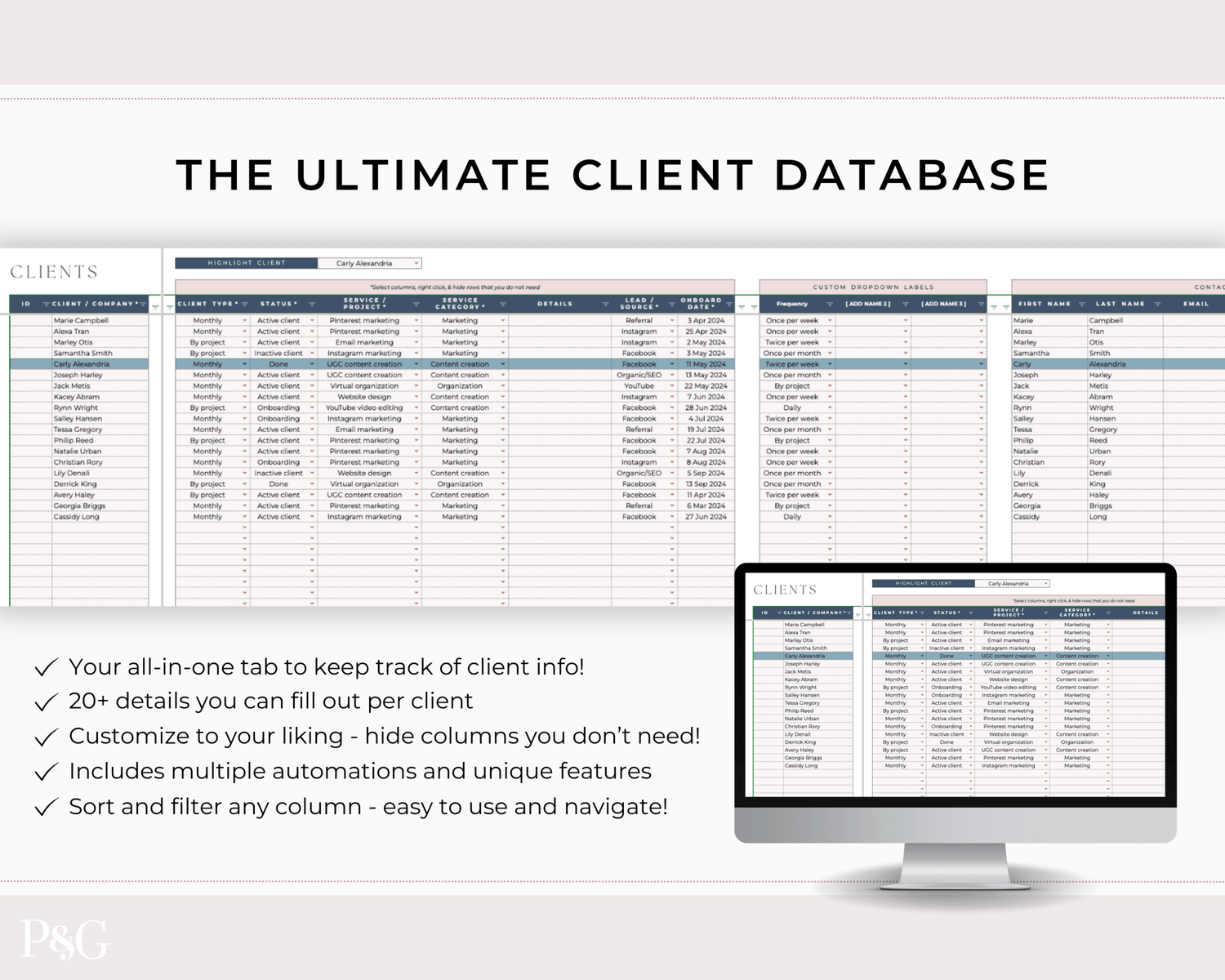 Client Tracker Spreadsheet Template for Google Sheets - Palm &amp; Grace