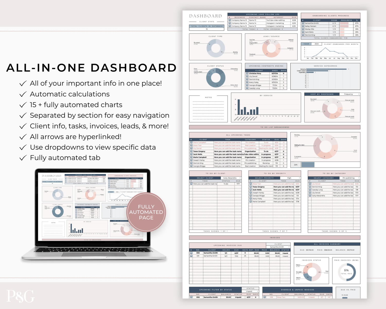 Client Tracker Spreadsheet Template for Google Sheets - Palm &amp; Grace