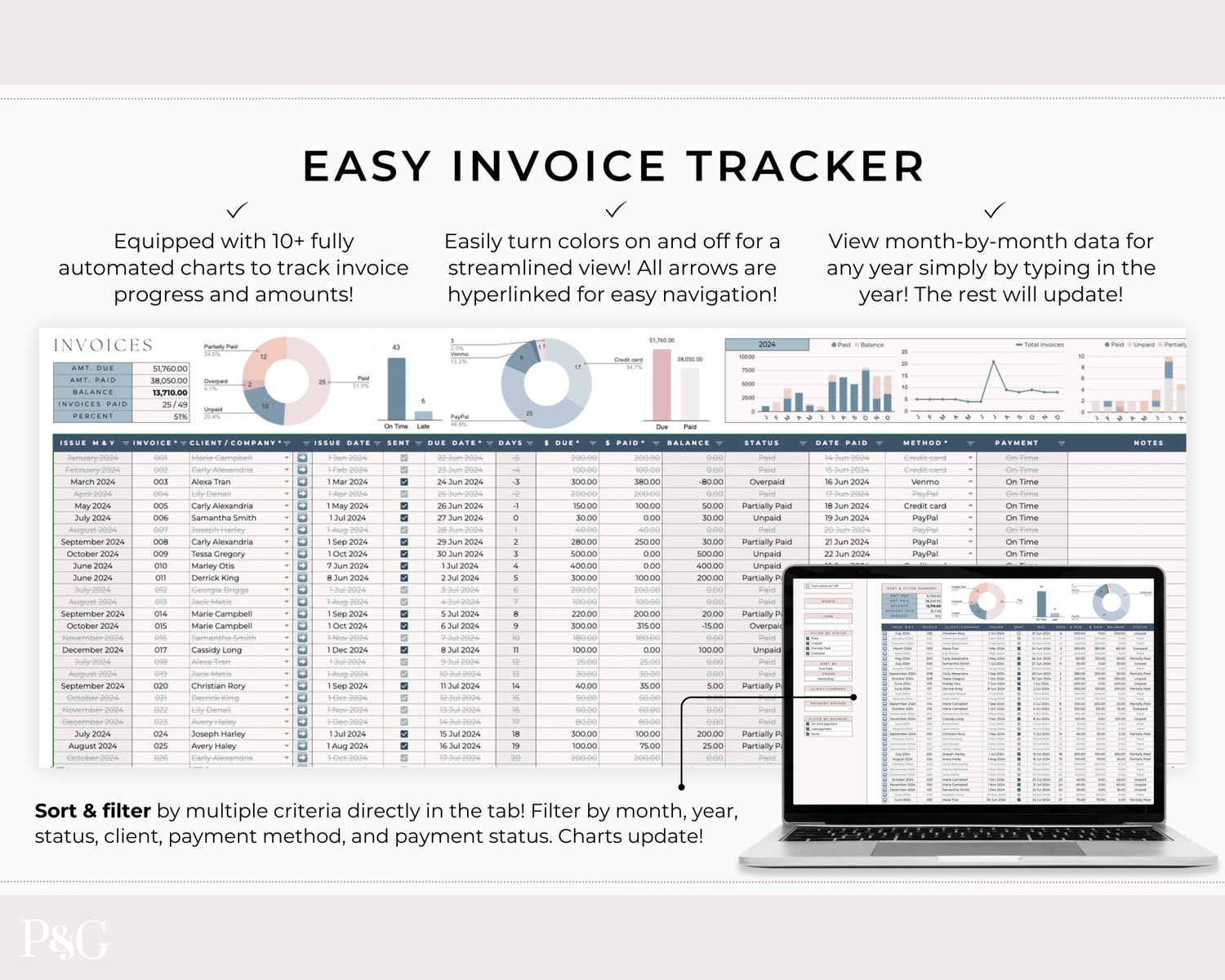 Client Tracker Spreadsheet Template for Google Sheets - Palm &amp; Grace