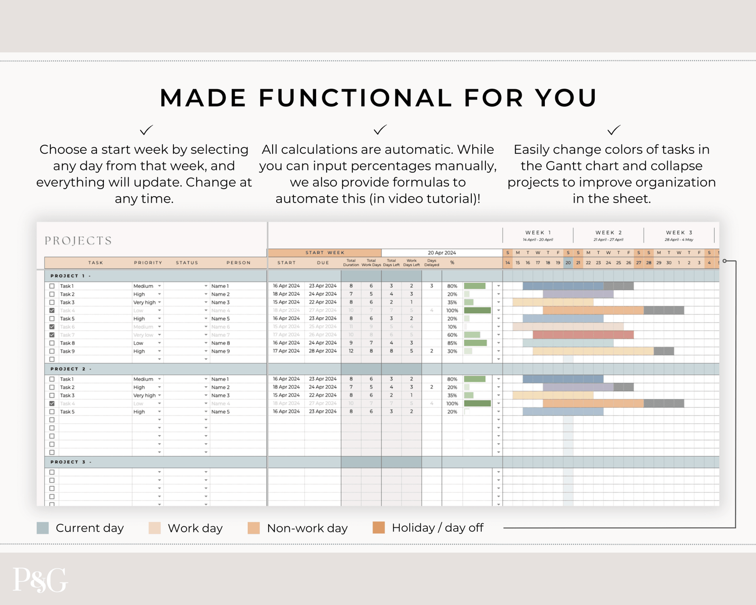 Gantt Chart Project Management Template for Google Sheets - Palm &amp; Grace