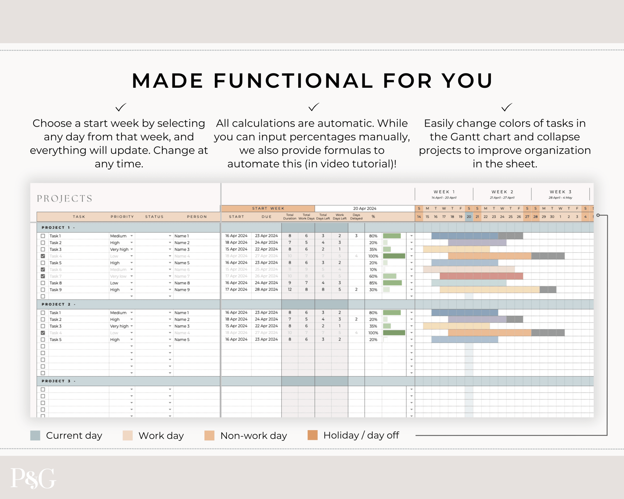 Gantt Chart Project Management Template for Google Sheets - Palm &amp; Grace